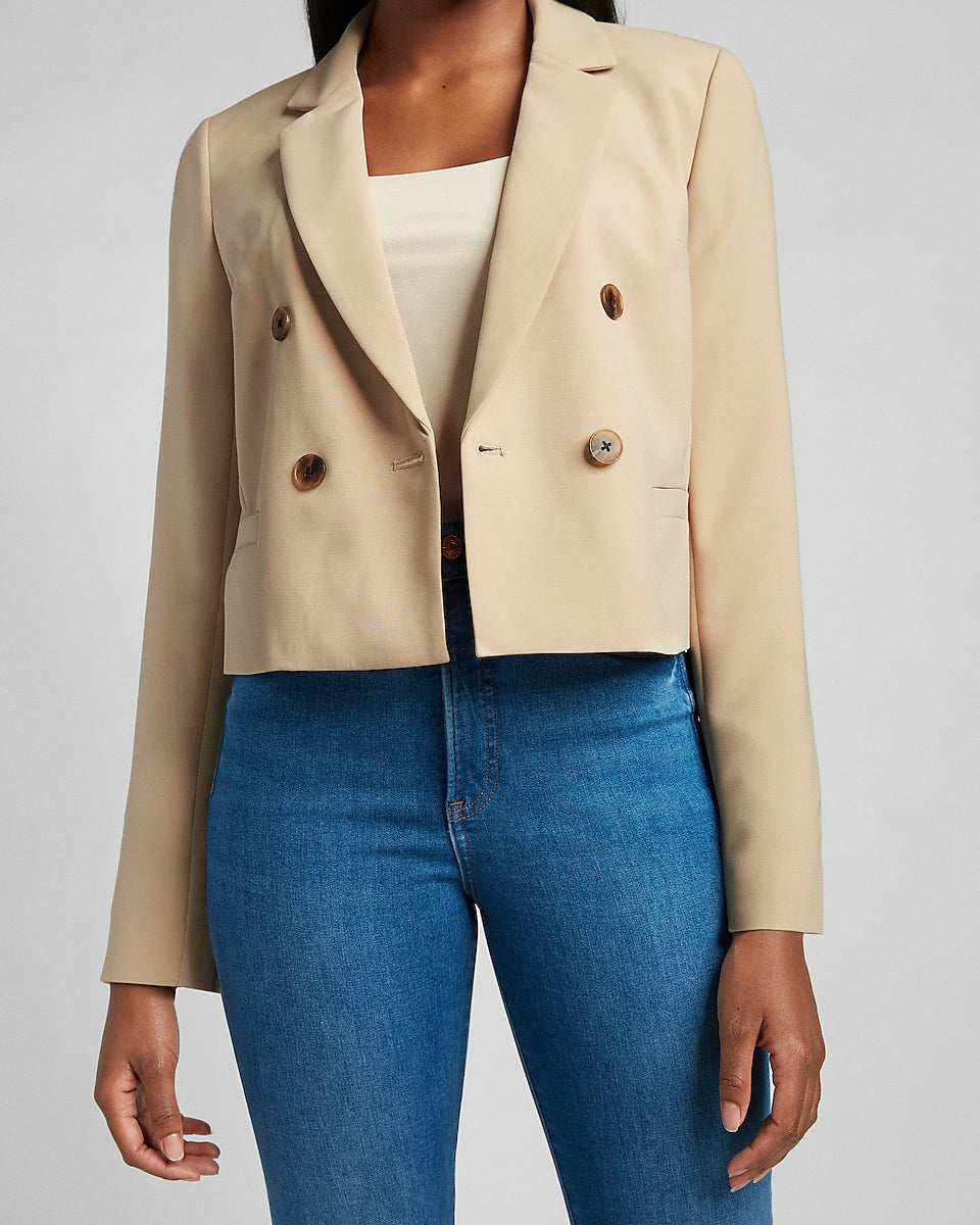 Express | Cropped Double Breasted Blazer in Beige | Express Style Trial
