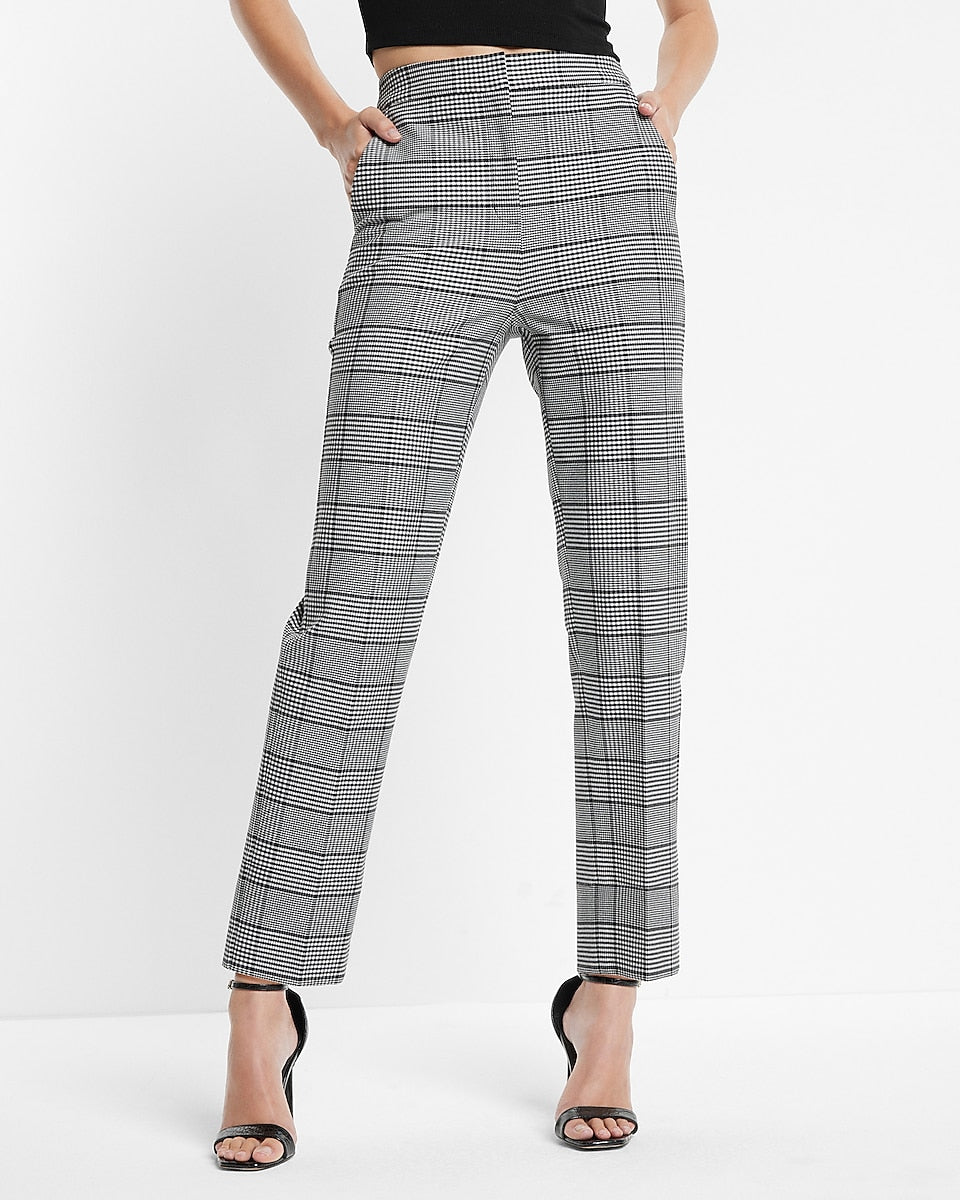 Express | Editor Super High Waisted Plaid Straight Ankle Pant in Black ...
