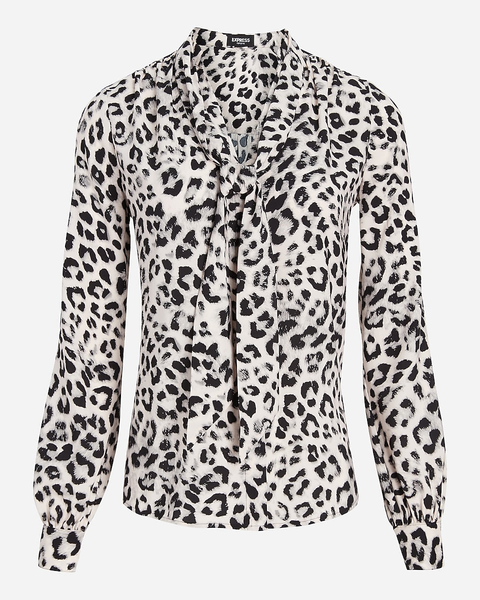 Express | Leopard Print Long Sleeve Tie Neck Portofino Shirt in Neutral ...