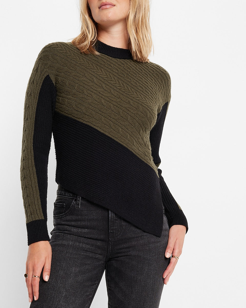 Express, Color Block Cable Knit Asymmetrical Hem Sweater in Olive Green