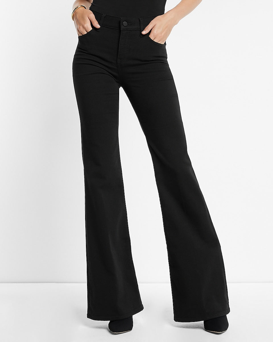 Express, Mid Rise Black 70S Flare Jeans in Pitch Black