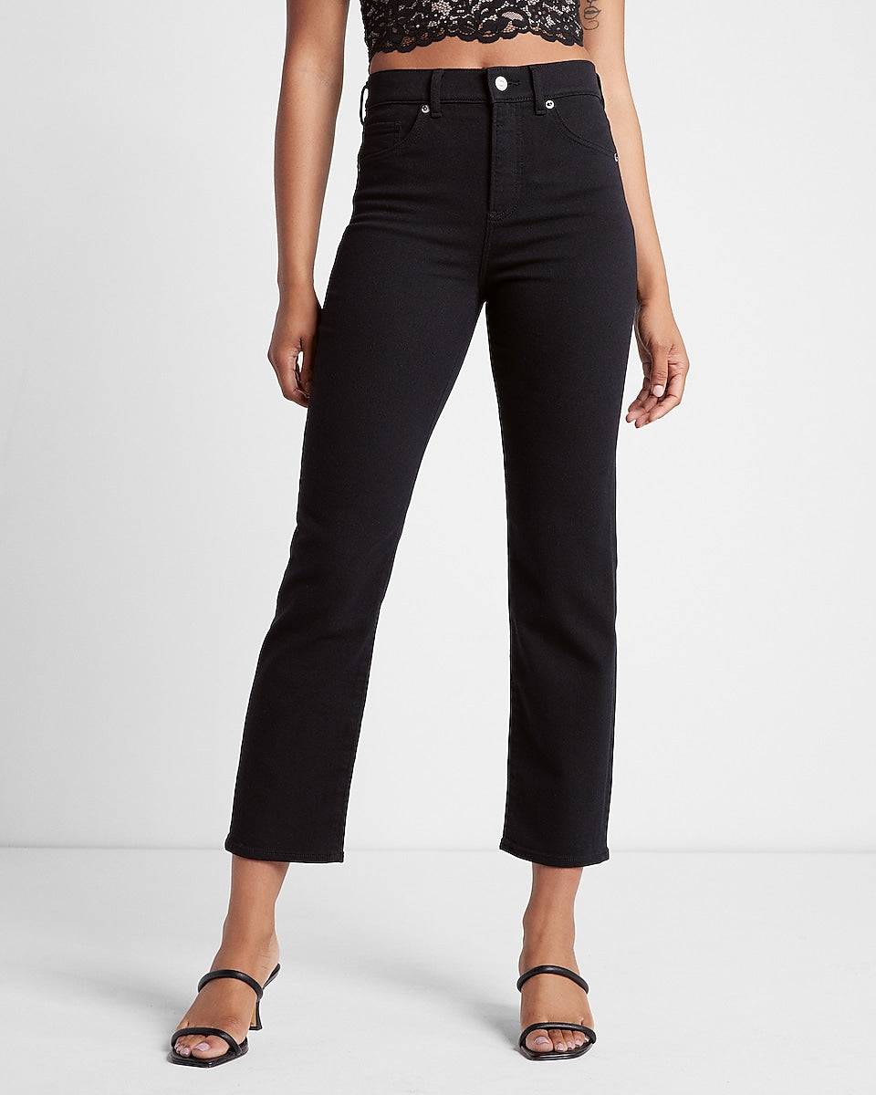 Express | High Waisted Black Straight Ankle Jeans in Pitch Black ...