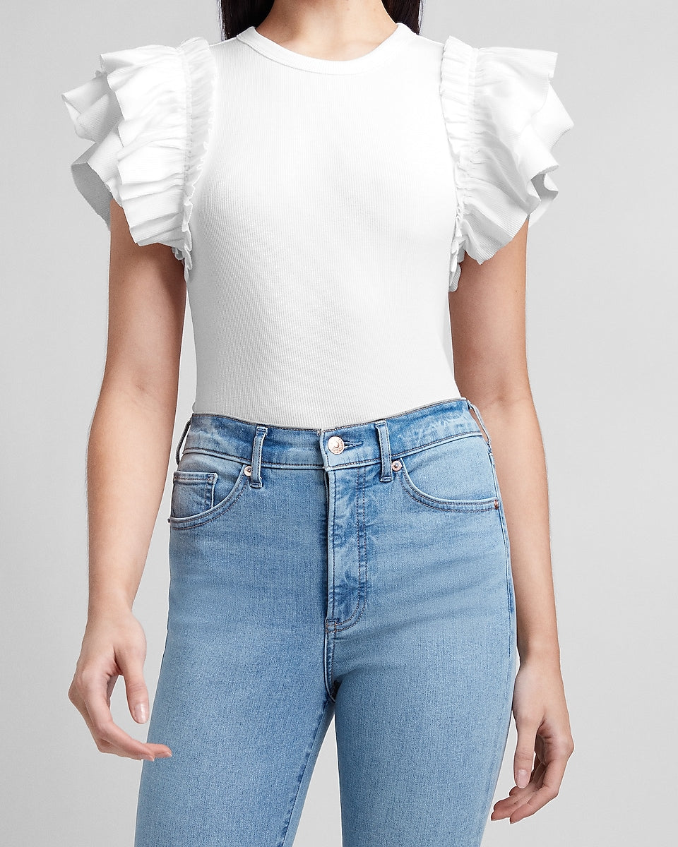 klatre Forsendelse magnet Express | Ribbed Ruffle Sleeve Tee in White | Express Style Trial