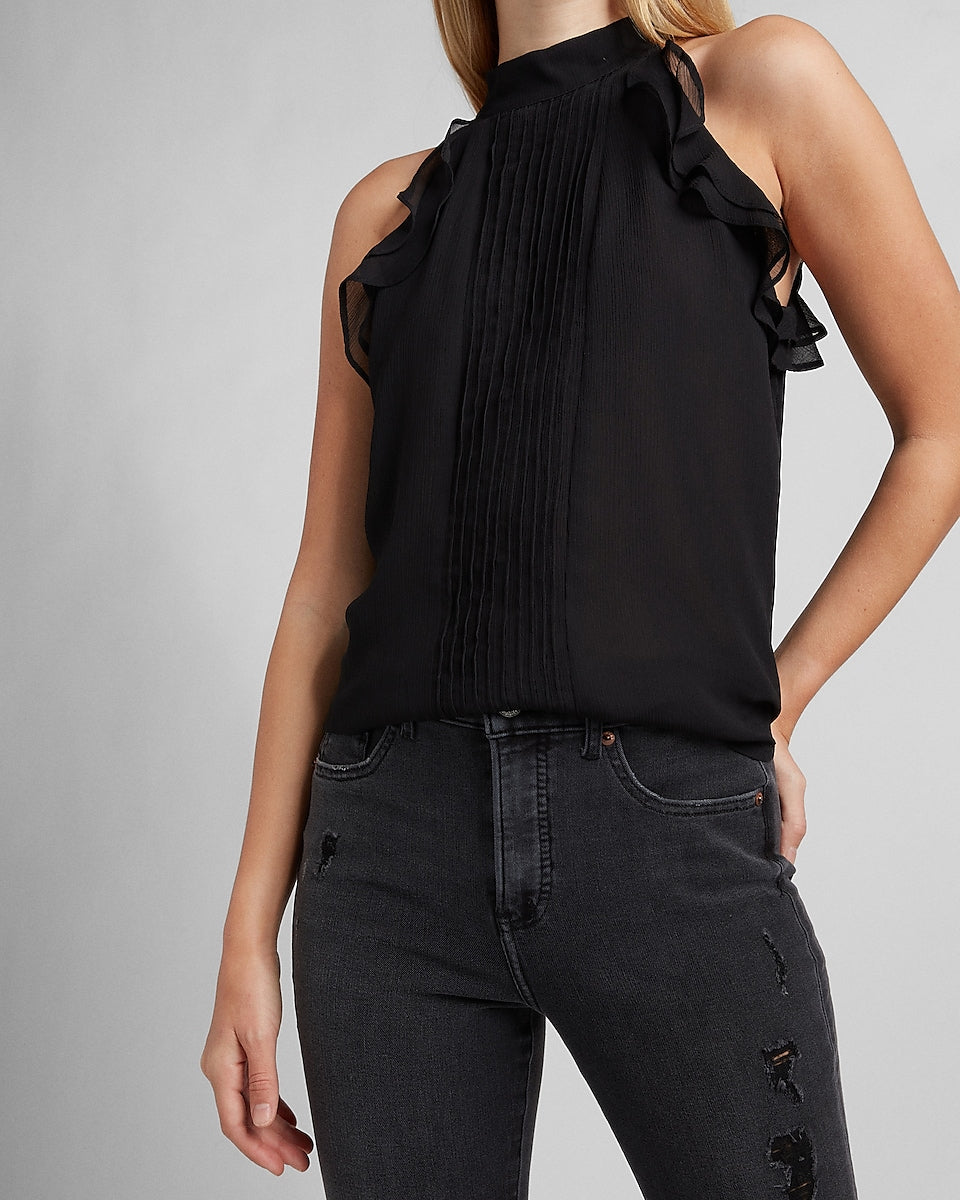 Express | Pleated Ruffle Halter in Pitch Black | Express Style Trial