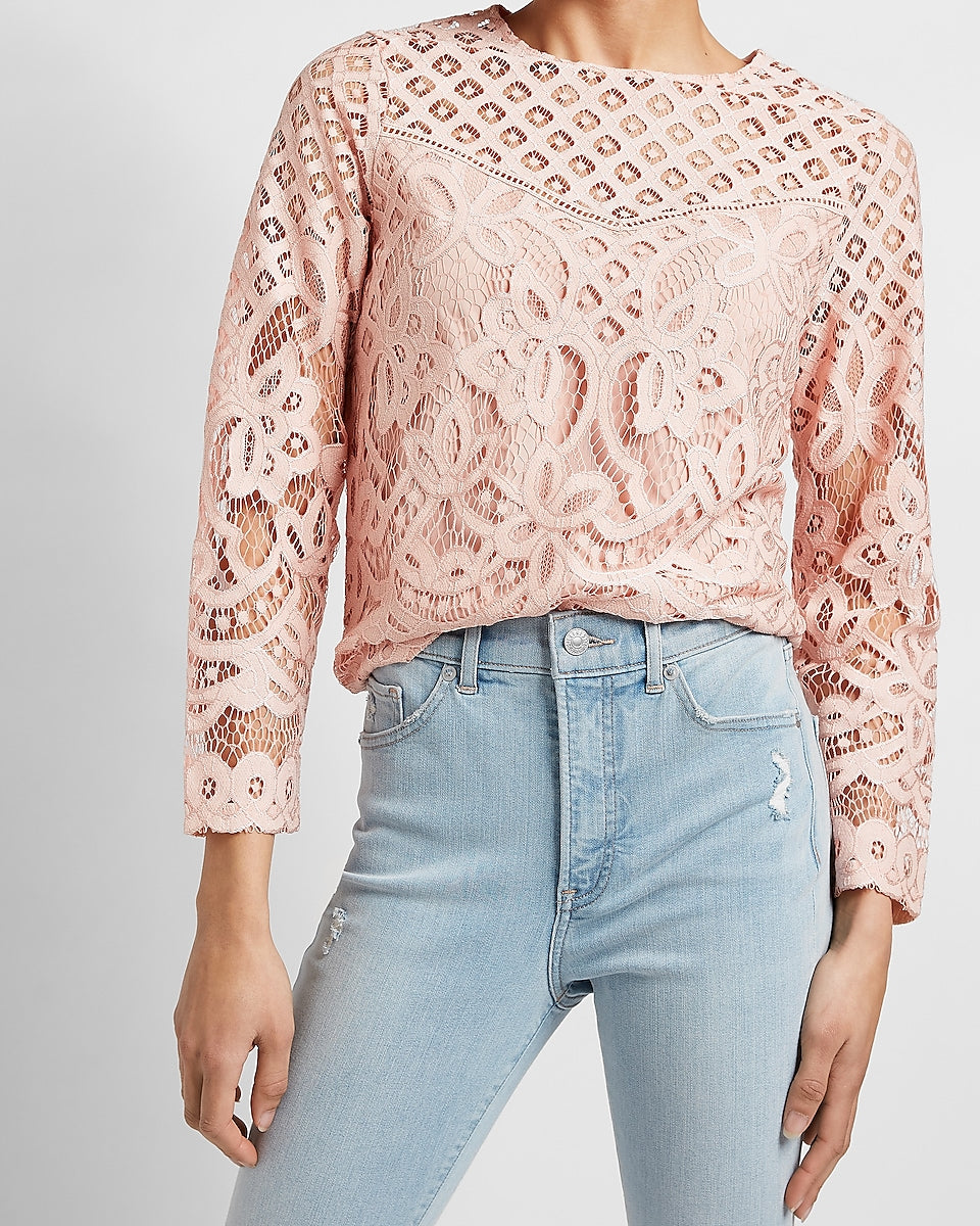 Express Crochet Lace Crew Neck Top in Sand Express Style Trial