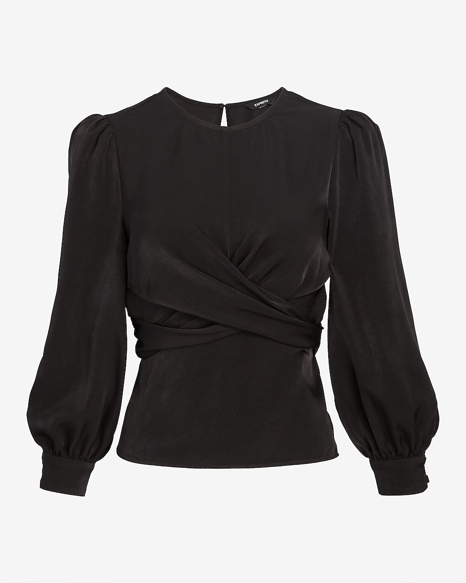 Express | Satin Crew Neck Puff Sleeve Wrap Top in Pitch Black | Express ...