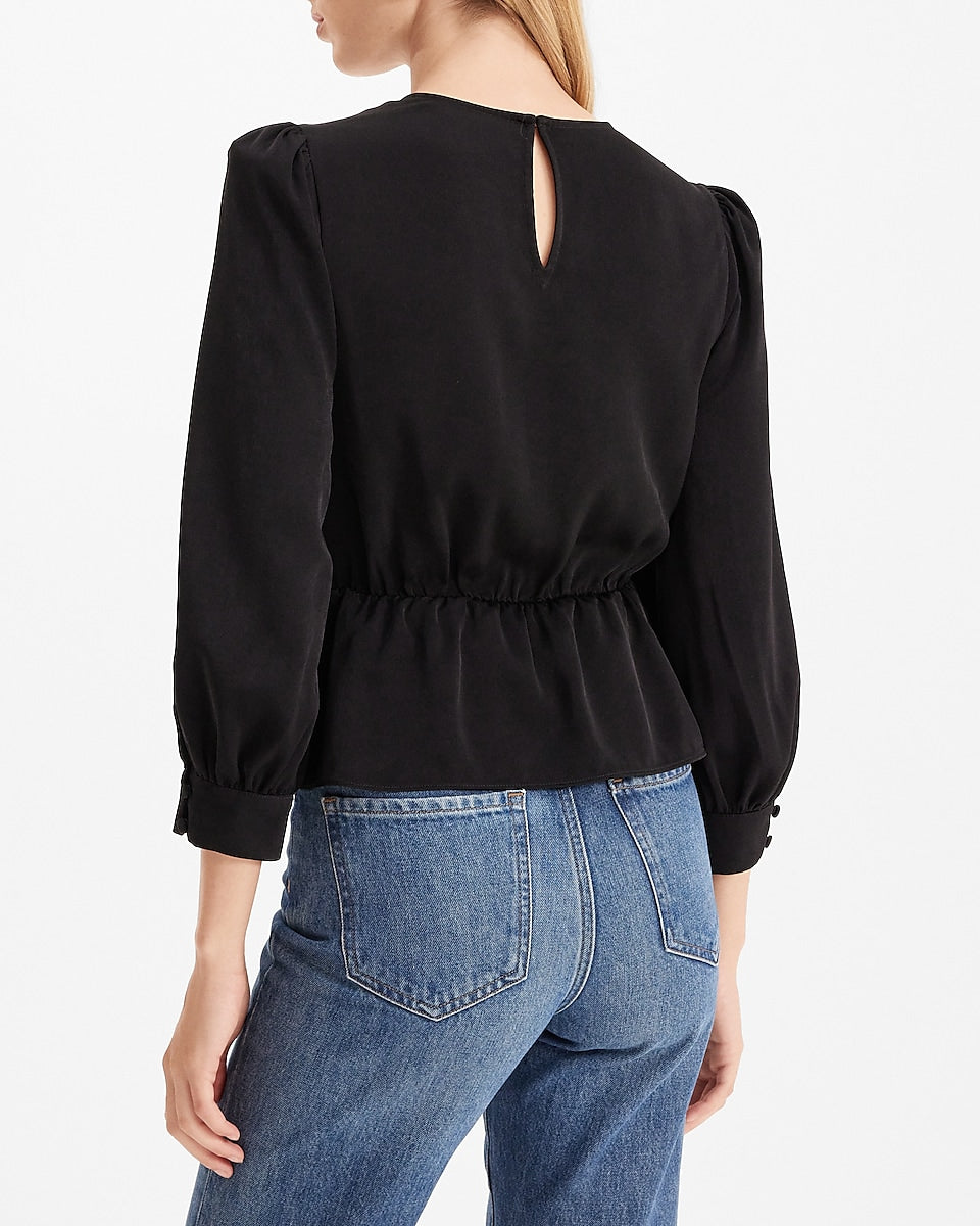 Express | Satin Crew Neck Puff Sleeve Wrap Top in Pitch Black | Express ...