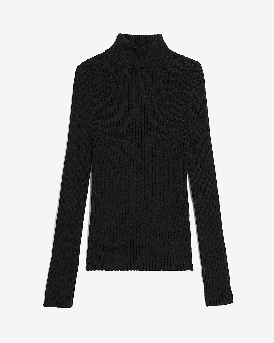 Express | Wide Ribbed Turtleneck Sweater in Pitch Black | Express Style ...
