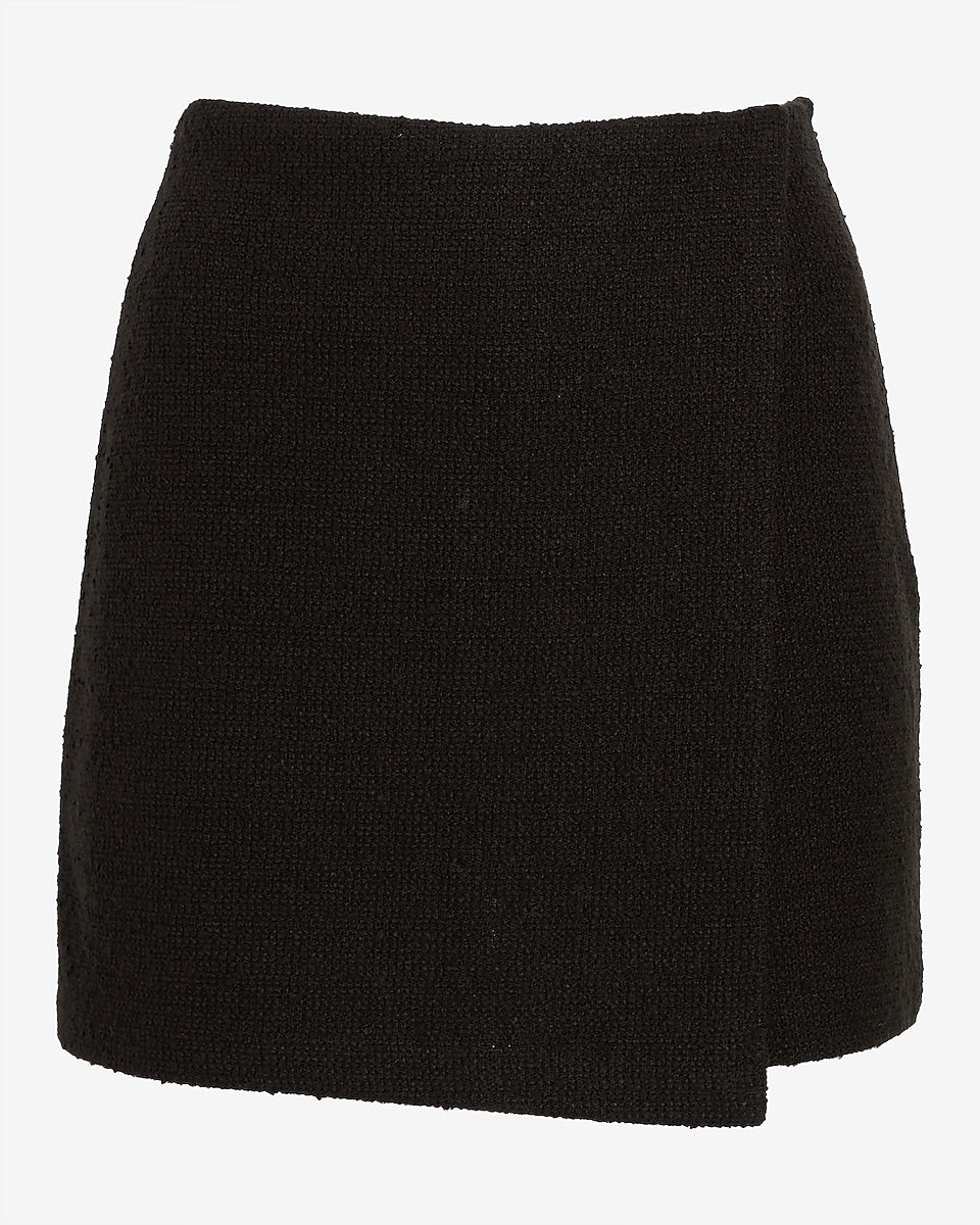 Express | Super High Waisted Tweed Wrap Front Mini Skort in Pitch Black ...