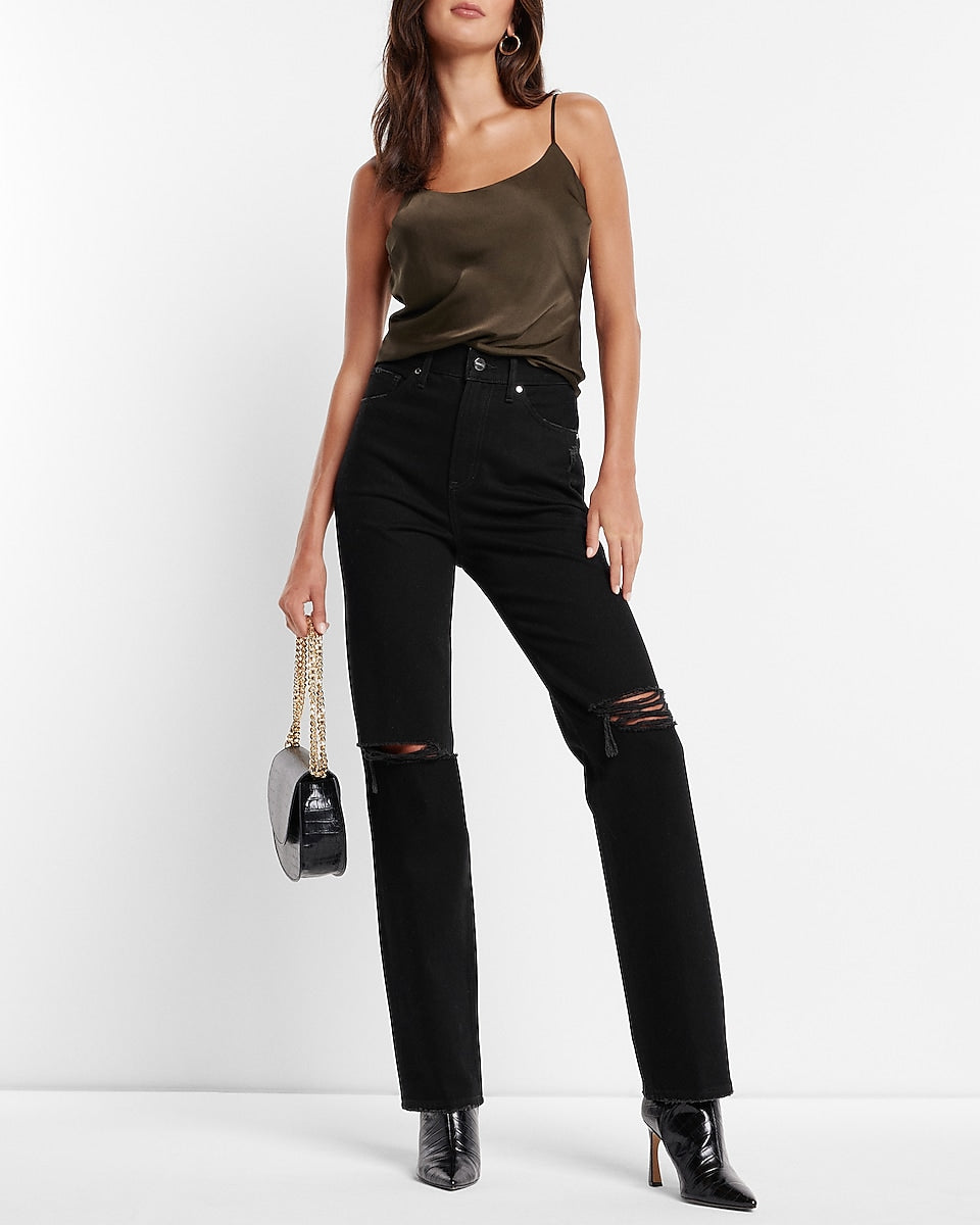 Express, Super High Waisted Black Rinse Ripped Modern Straight Jeans in  Pitch B