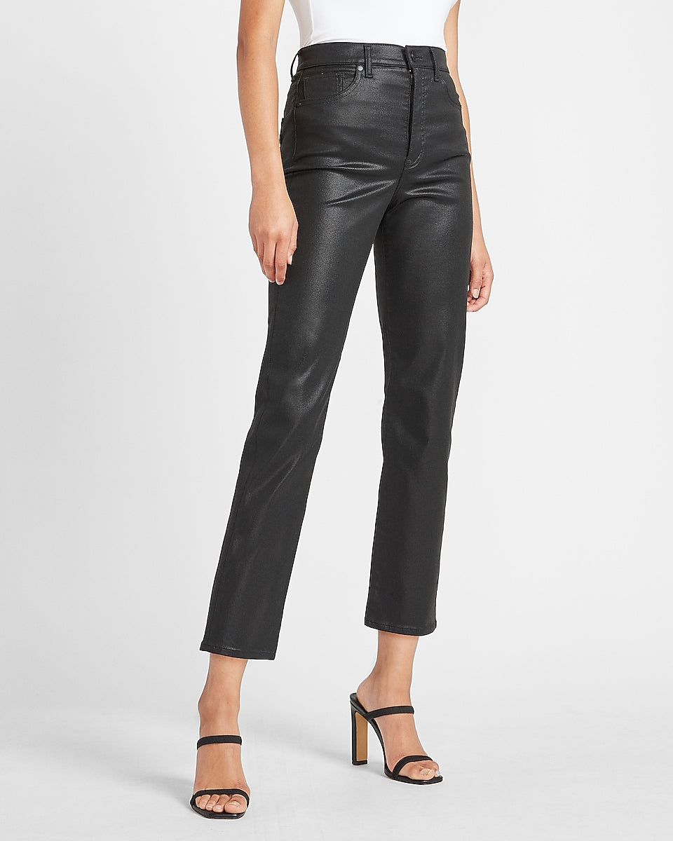 Express Super High Waisted Black Coated Straight Jeans in Pitch Black
