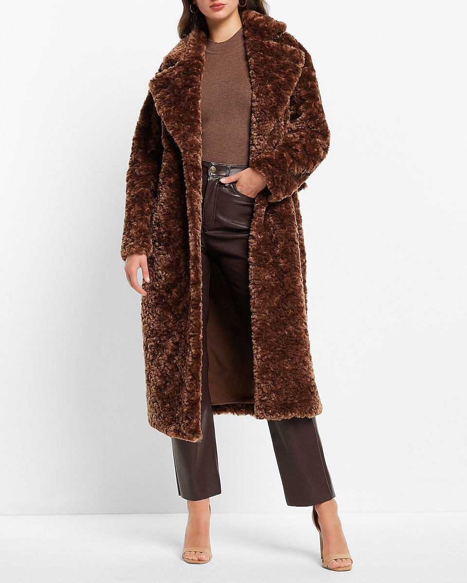 Long Belted Faux Fur Coat Brown