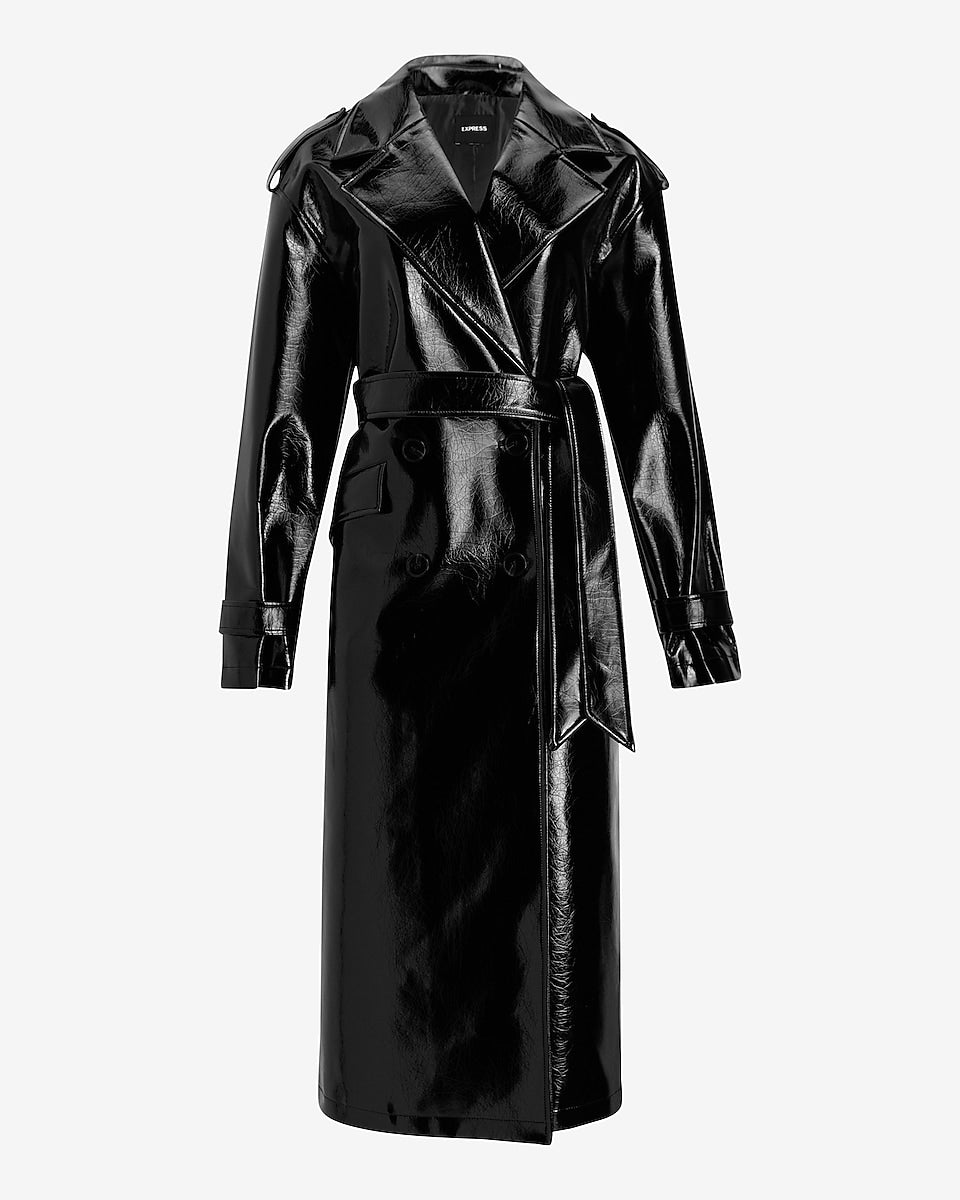 Express | Faux Patent Leather Belted Trench Coat in Pitch Black ...