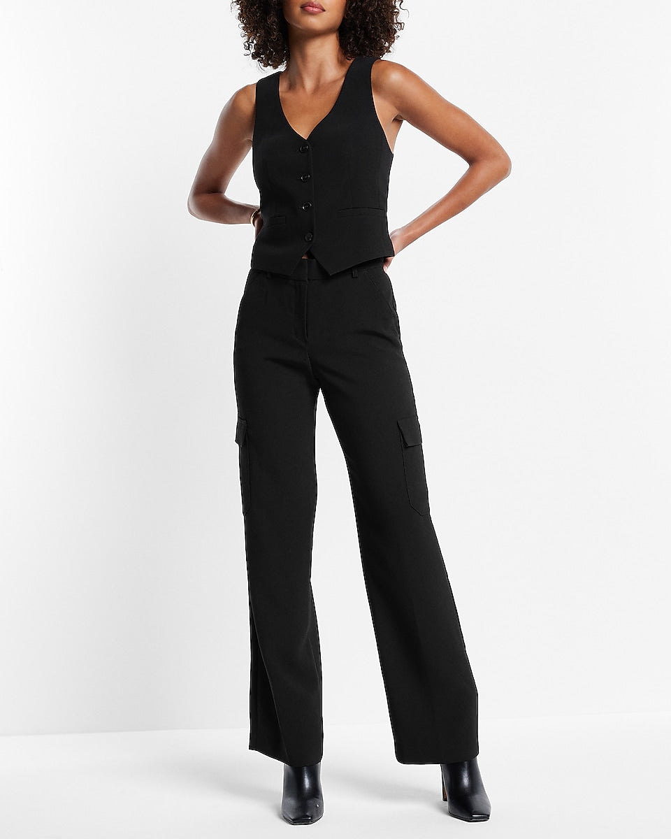 Express, Super High Waisted Novelty Button Trouser Pant in Pitch Black