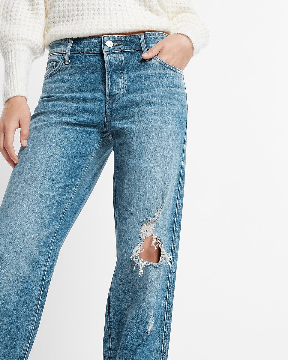 Express | Low Rise Medium Washed Ripped Baggy Straight Jeans in Medium ...