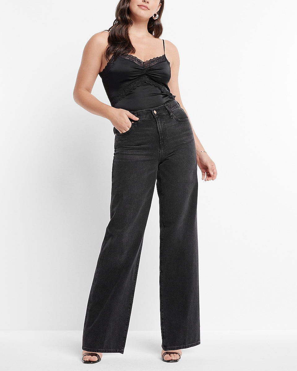 Express  Super High Waisted Black Baggy Wide Leg Jeans in Pitch