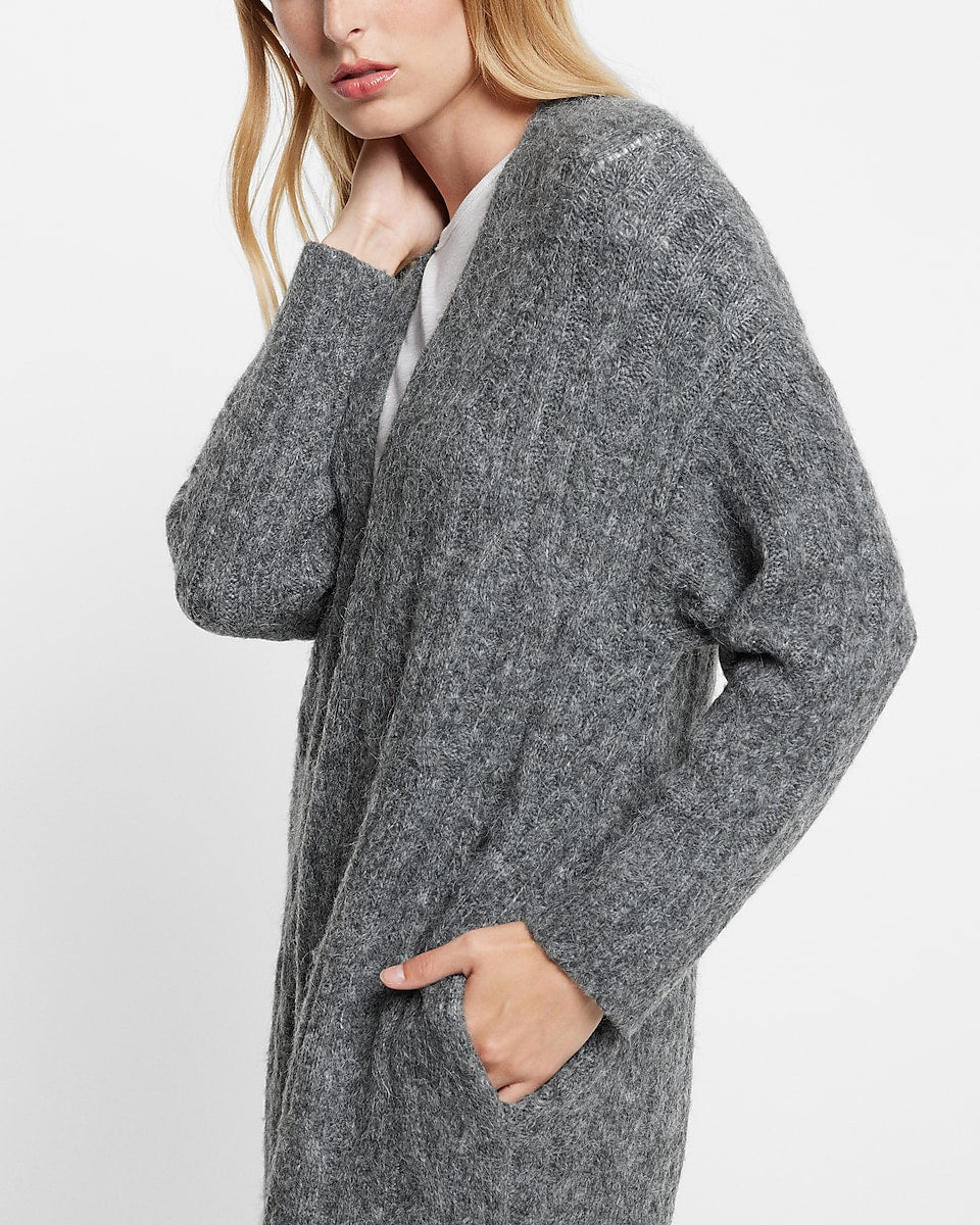 Express Cable Knit Duster Cardigan in Heather Gray Express Style Trial