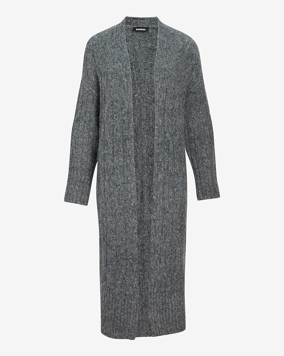 Express | Cable Knit Duster Cardigan in Heather Gray | Express Style Trial