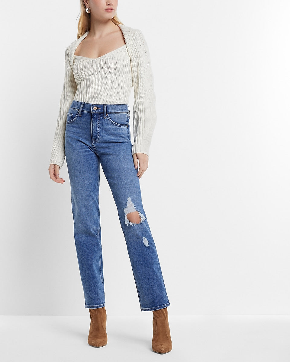 Express  High Waisted Medium Wash Ripped Modern Straight Jeans in