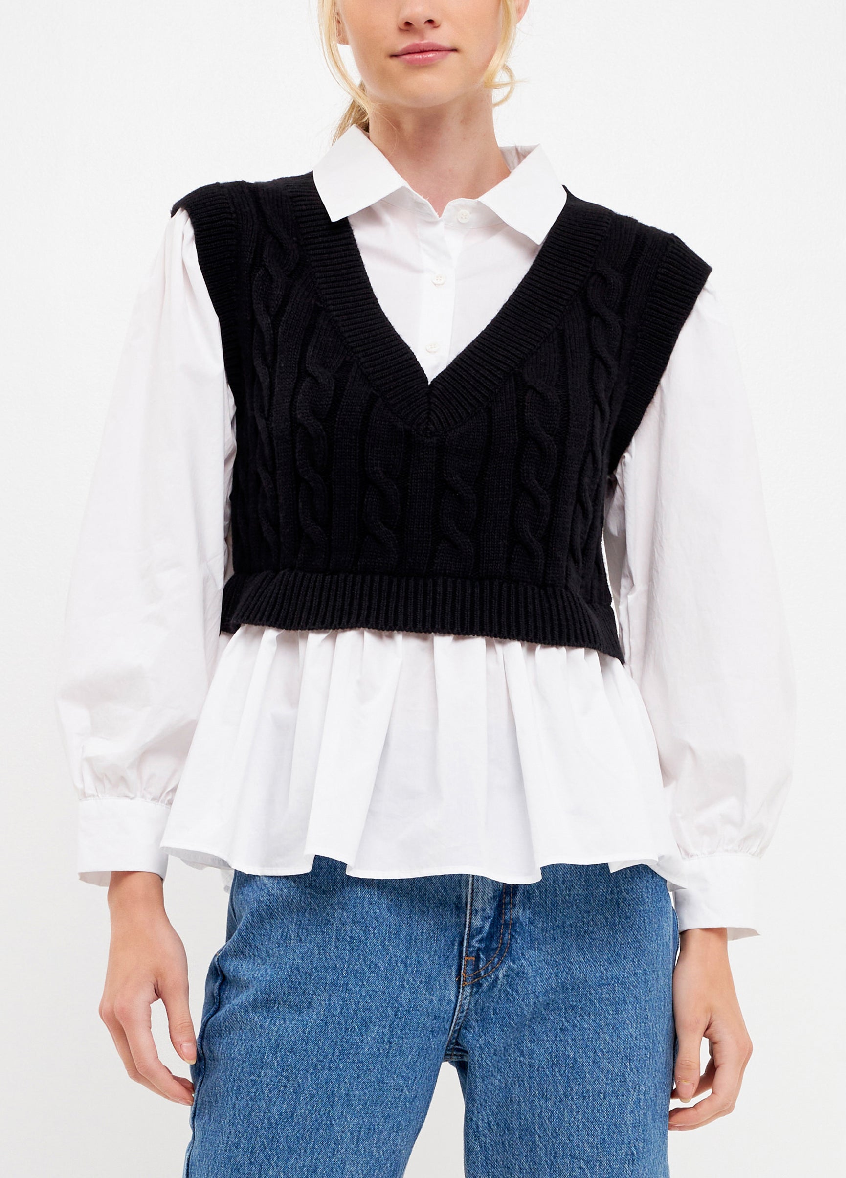 English Factory | Mixed Media Sweater Vest Twofer Top | Express Style Trial