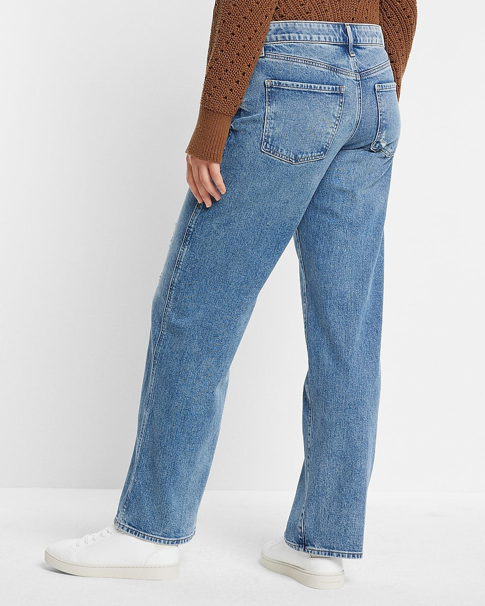 Express | Low Rise Medium Wash Ripped Baggy Straight Jeans in Medium ...