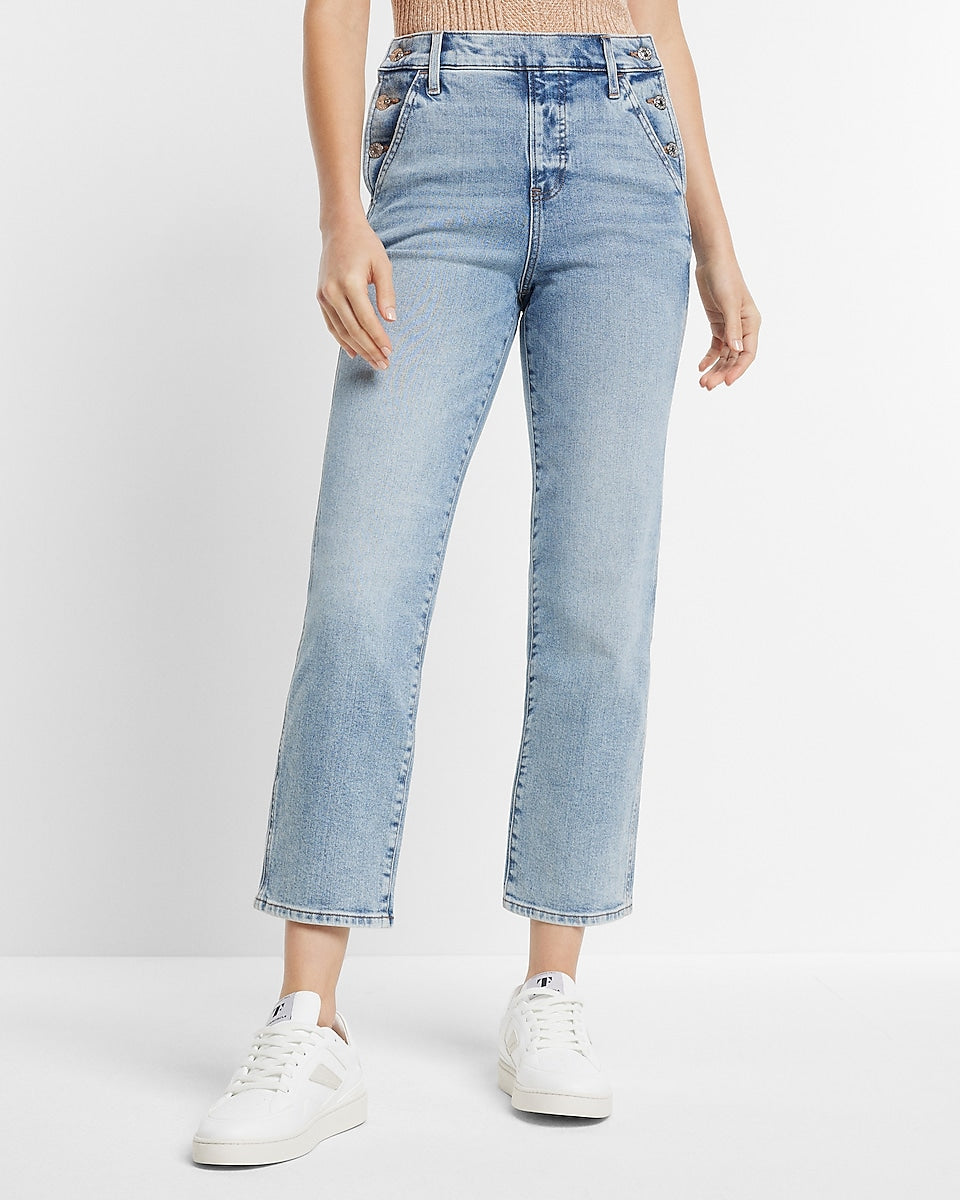 Express | High Waisted Light Wash Side Button Straight Ankle Jeans in ...