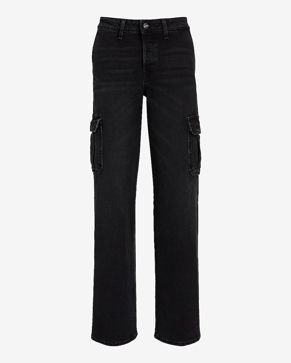 Express | Low Rise Washed Black Baggy Straight Cargo Jeans in Pitch ...