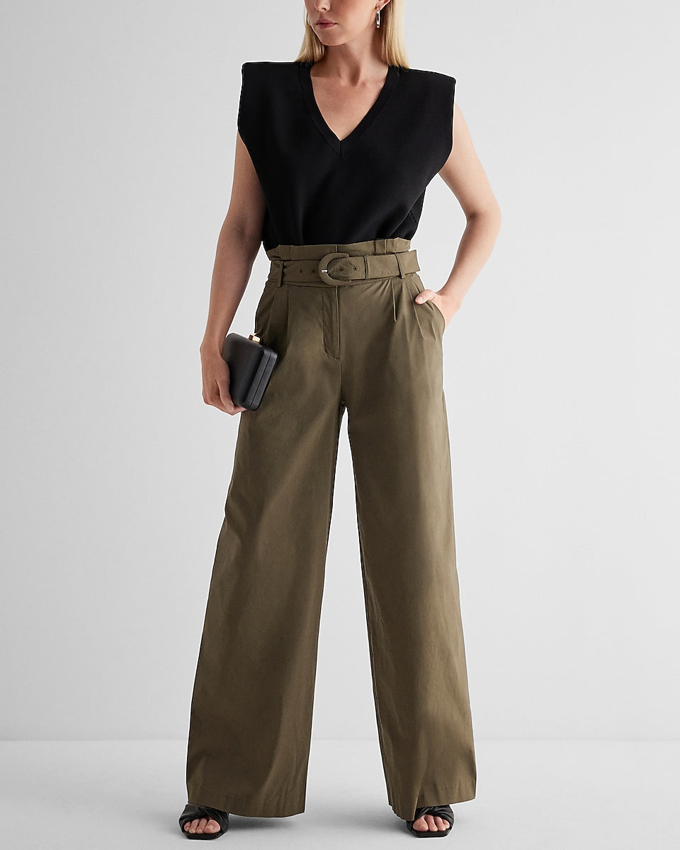 Express | Super High Waisted Belted Paperbag Wide Leg Pant in Green ...