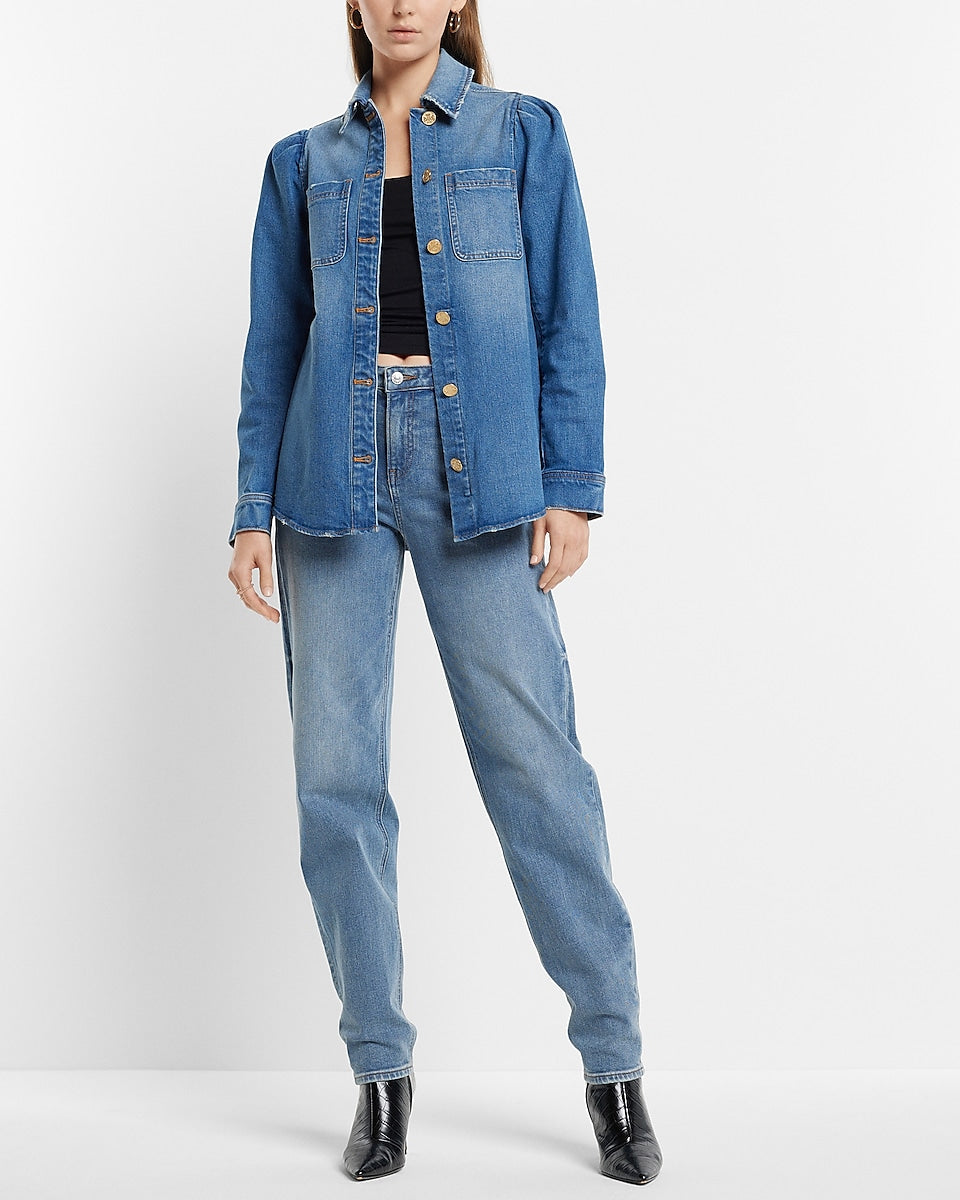 Express | Denim Puff Sleeve Shacket in Dark Wash | Express Style Trial