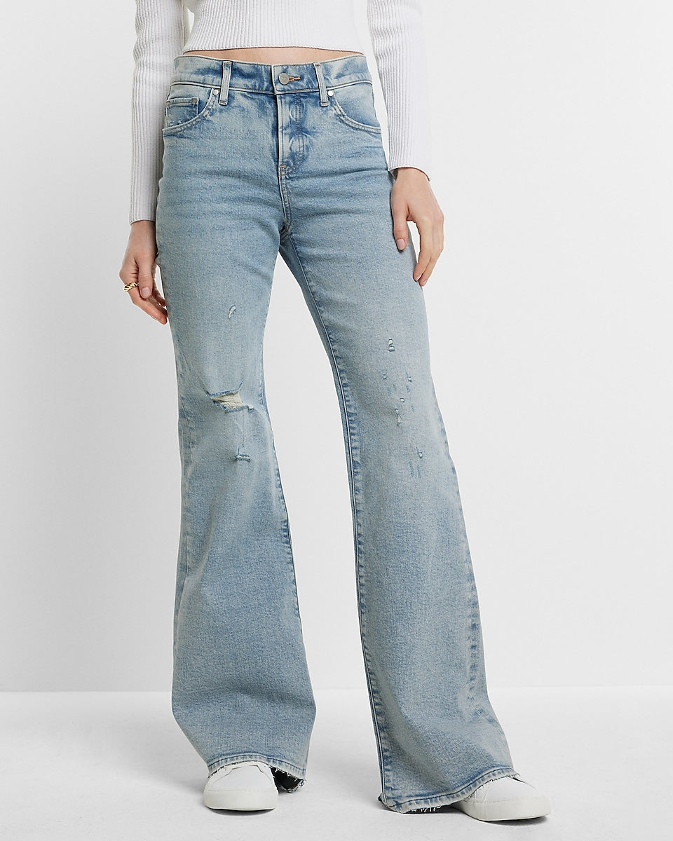 Express | Mid Rise Light Wash Ripped 70S Flare Jeans in Light Wash ...