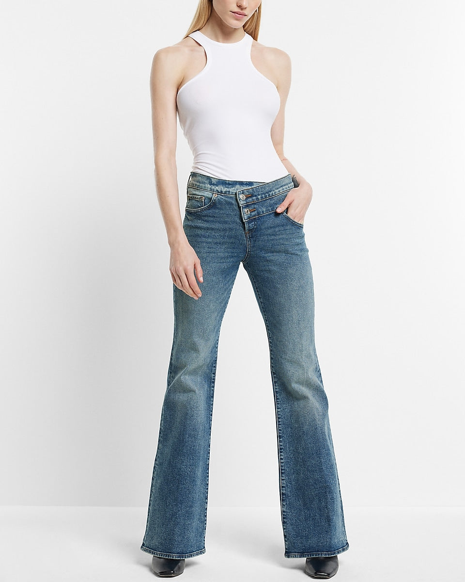 Express, Mid Rise Medium Wash 70S Flare Jeans in Medium Wash