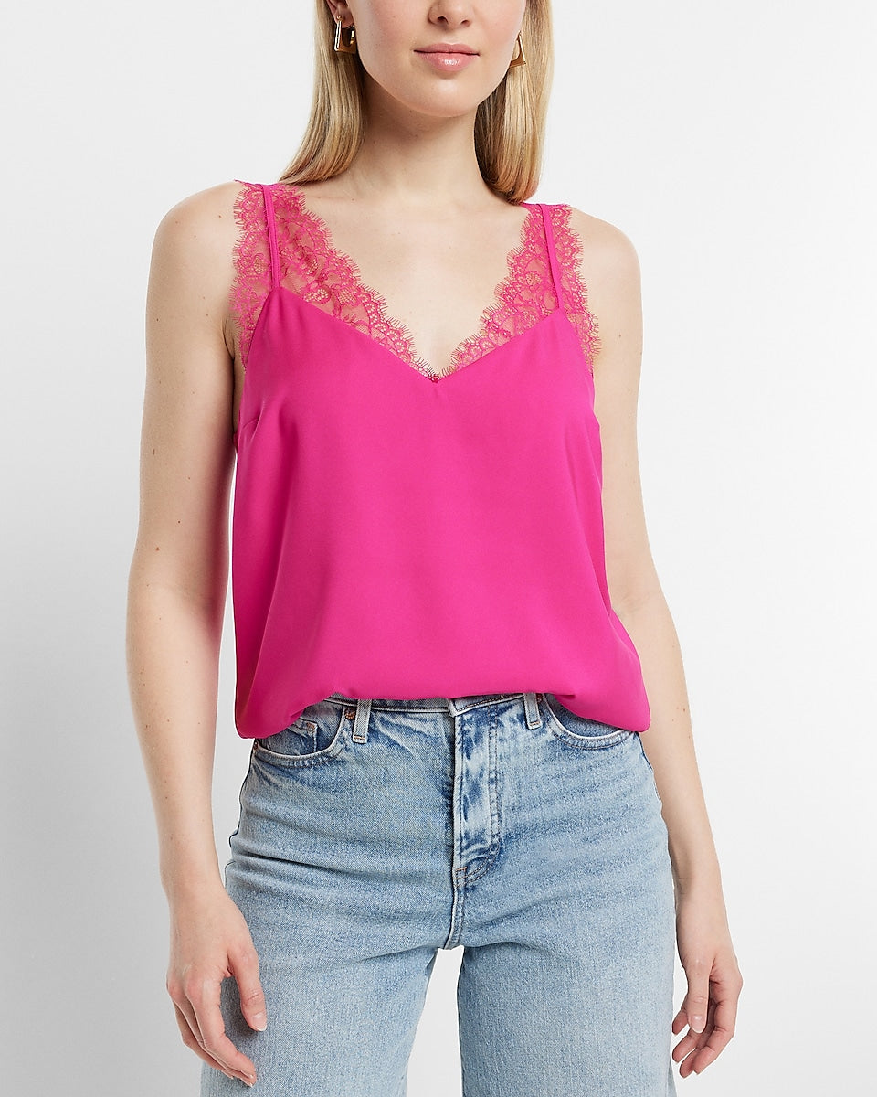 Express, Satin Lace Strap V-Neck Downtown Cami in Neon Berry