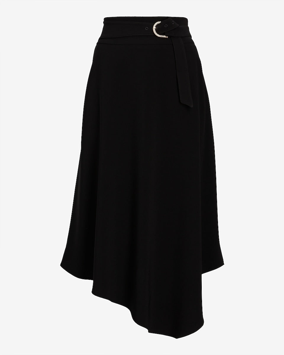 Express | Super High Waisted Belted Asymmetrical Midi Skirt in Pitch ...