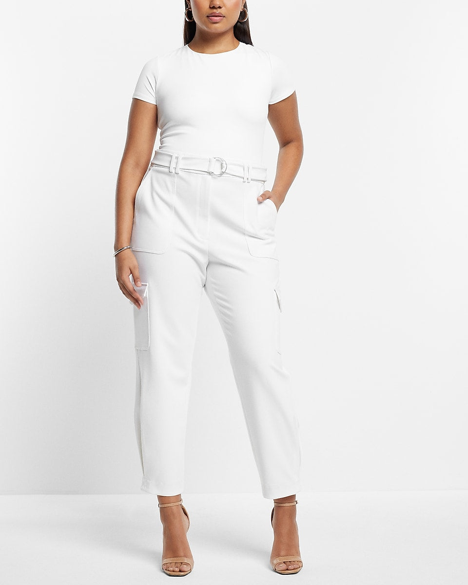 Express, Super High Waisted Belted Cargo Pants in White