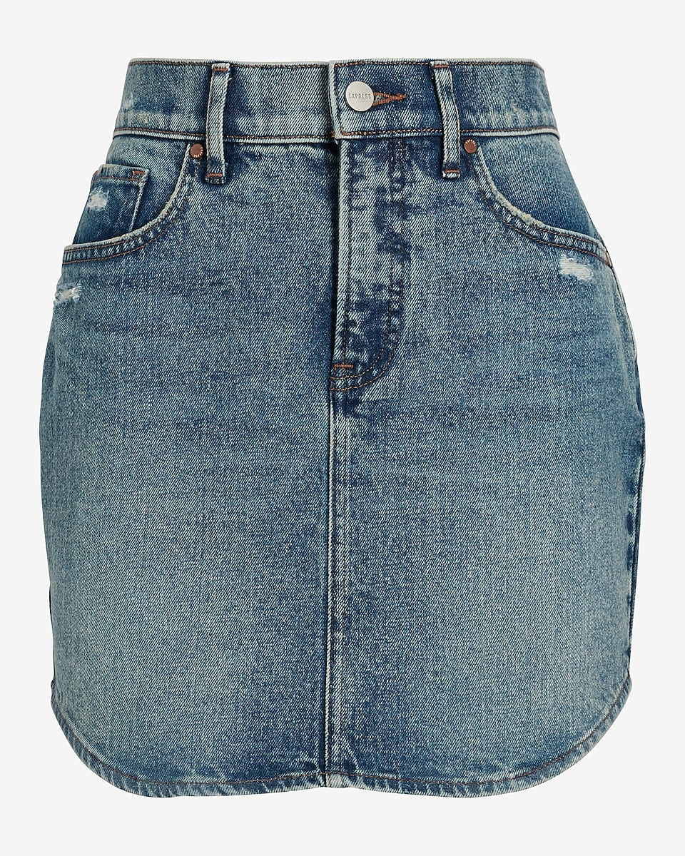 Express | High Waisted Medium Wash Mini Denim Skirt in Light Wash ...