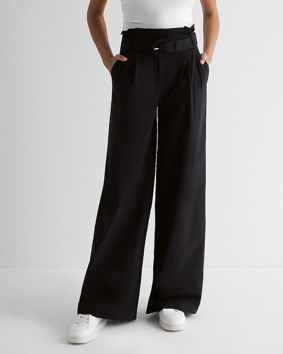 Express, Super High Waisted Belted Paperbag Wide Leg Pant in Pitch Black