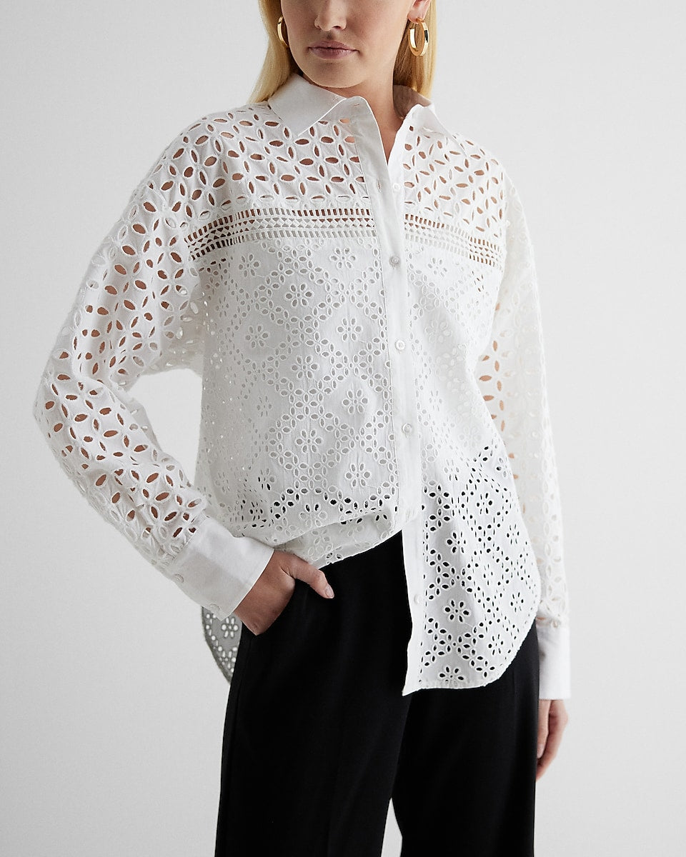 Express | Eyelet Button Front Shirt in White | Express Style Trial