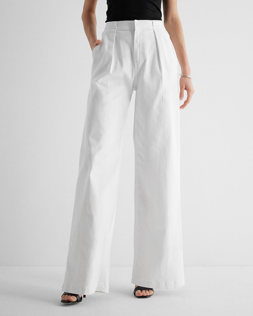 Express | Super High Waisted White Baggy Pleated Wide Leg Jeans in ...