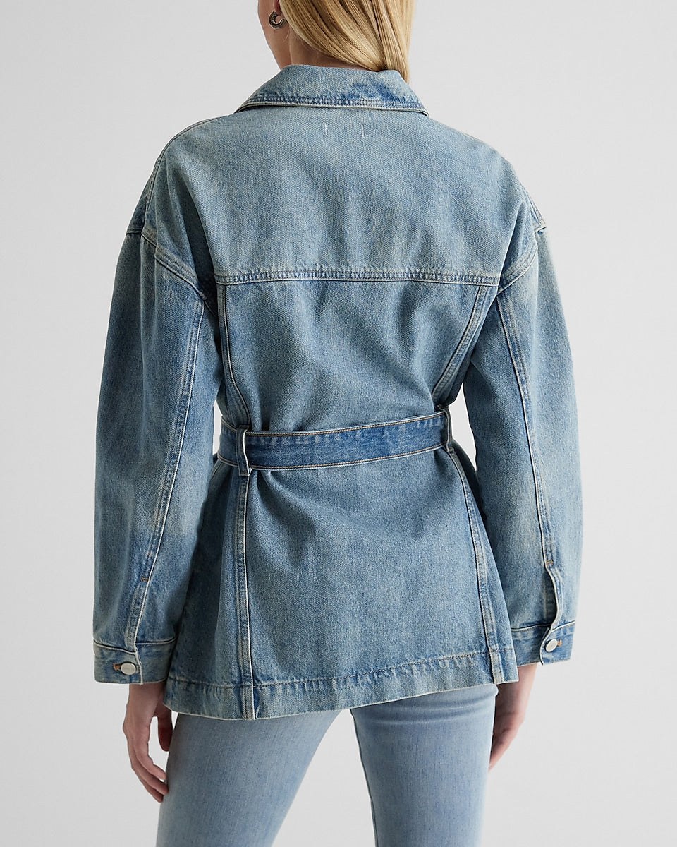 Express | Belted Light Wash Denim Jacket in Light Wash | Express Style ...