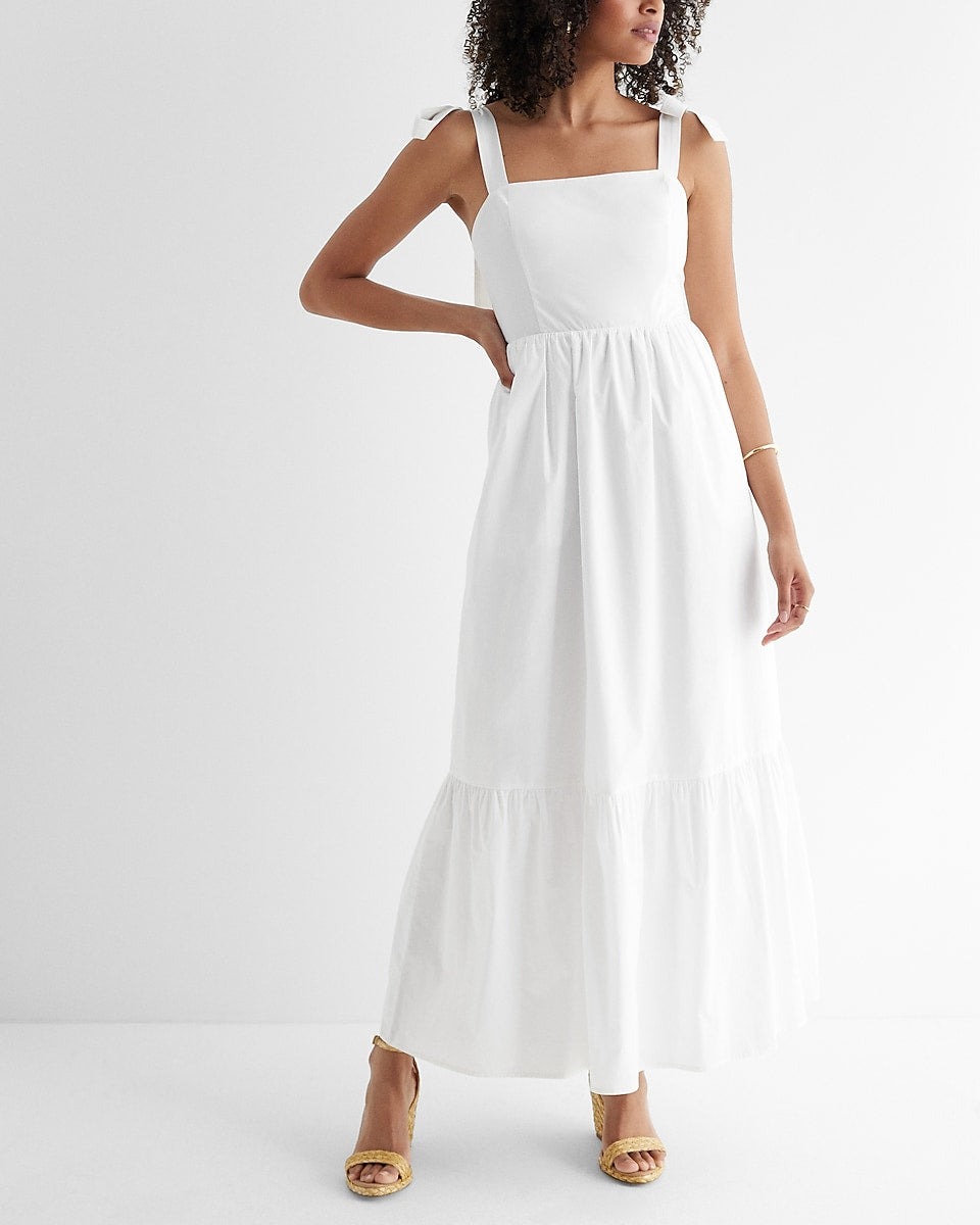 Express | Square Neck Bow Tiered Maxi Dress in White | Express Style Trial