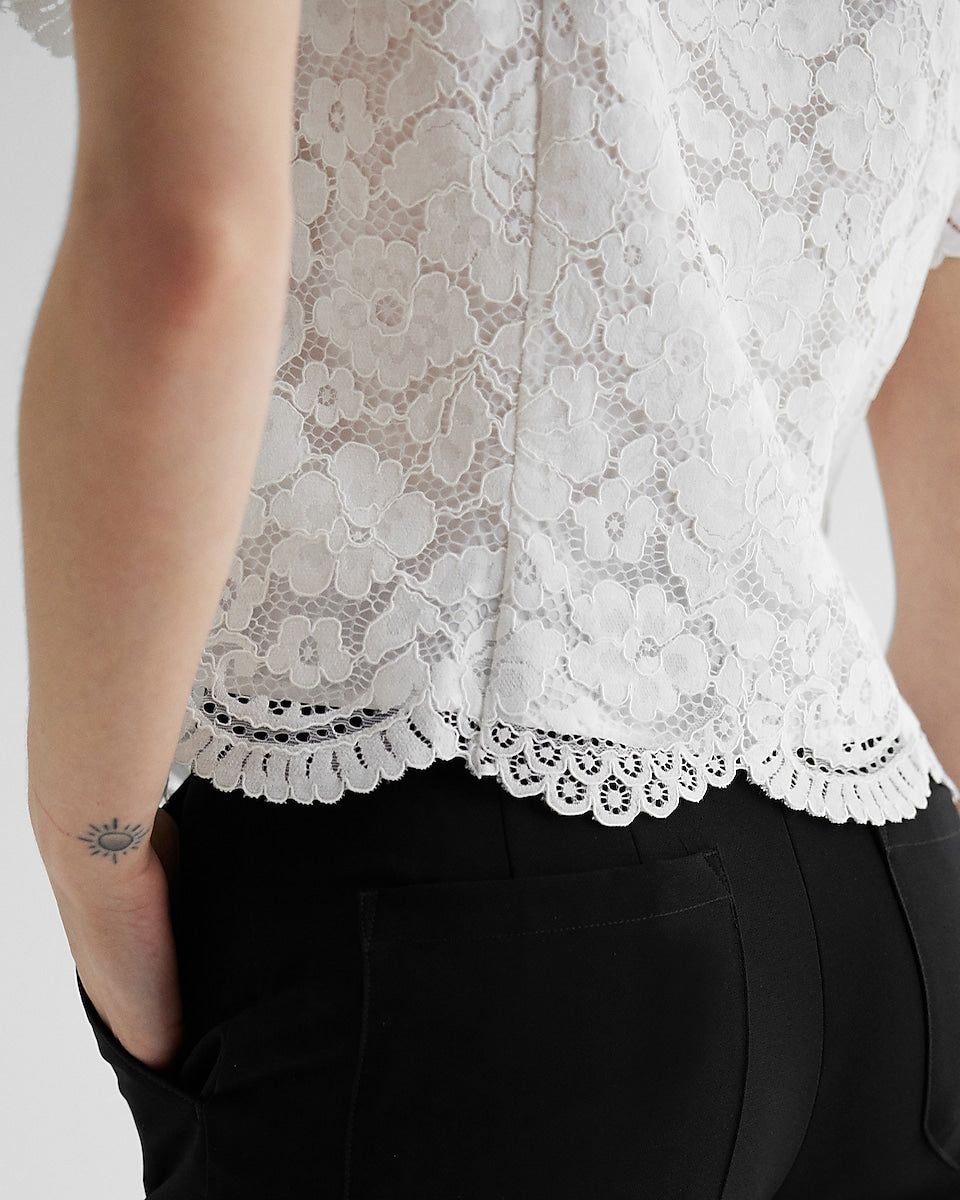 Express | Lace Crew Neck Short Sleeve Top in White | Express Style Trial
