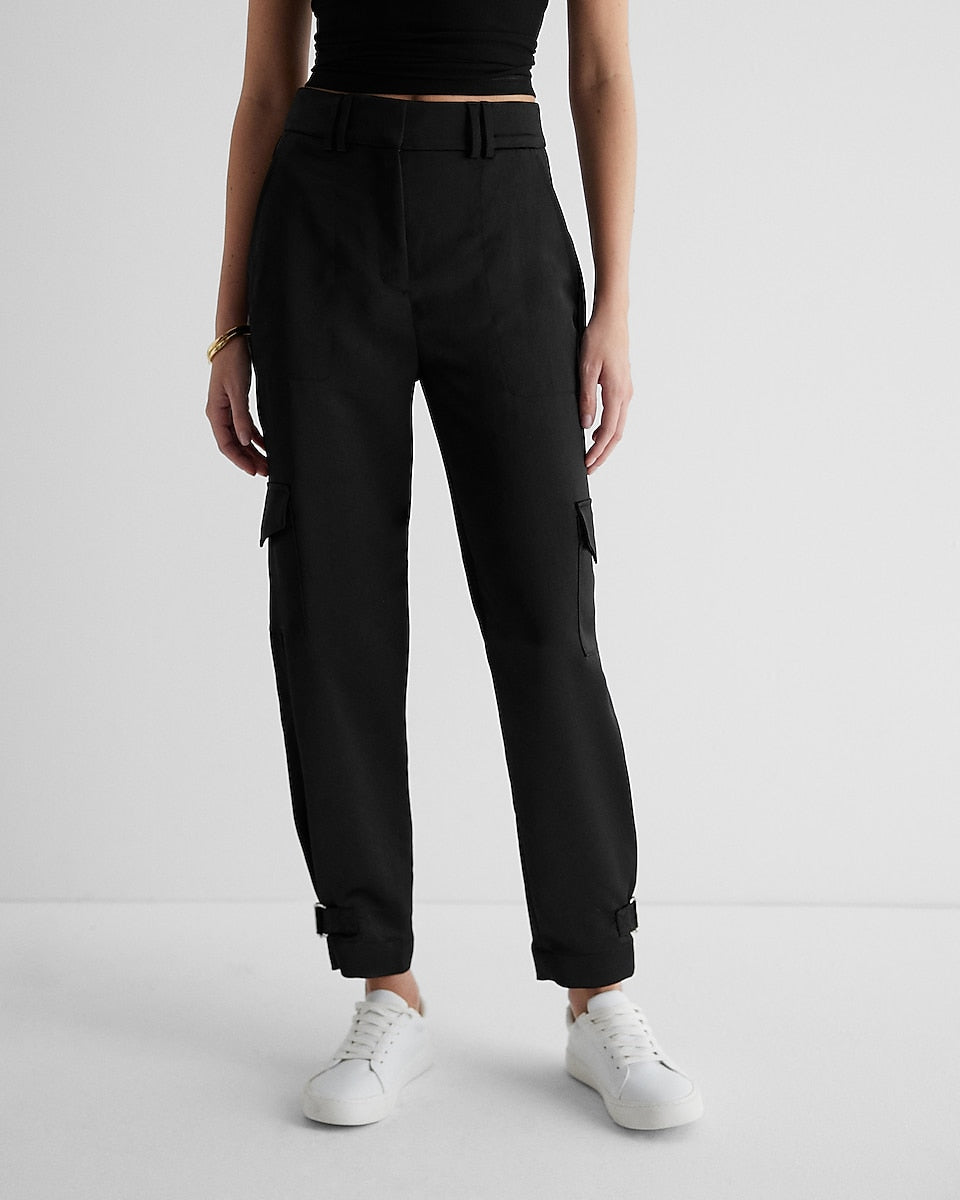 Express | Super High Waisted Satin Cargo Ankle Pant in Pitch Black ...