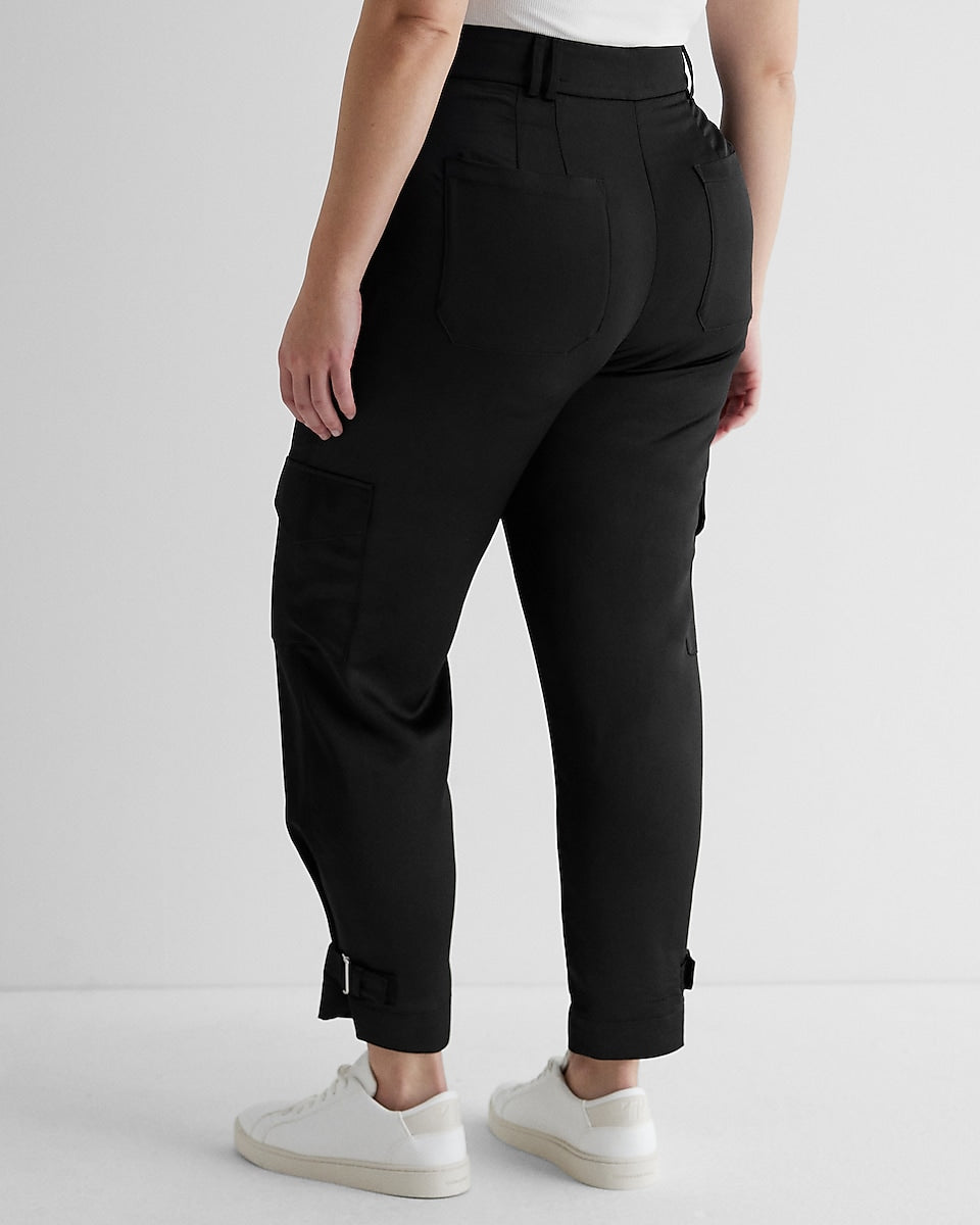 Express | Super High Waisted Satin Cargo Ankle Pant in Pitch Black ...