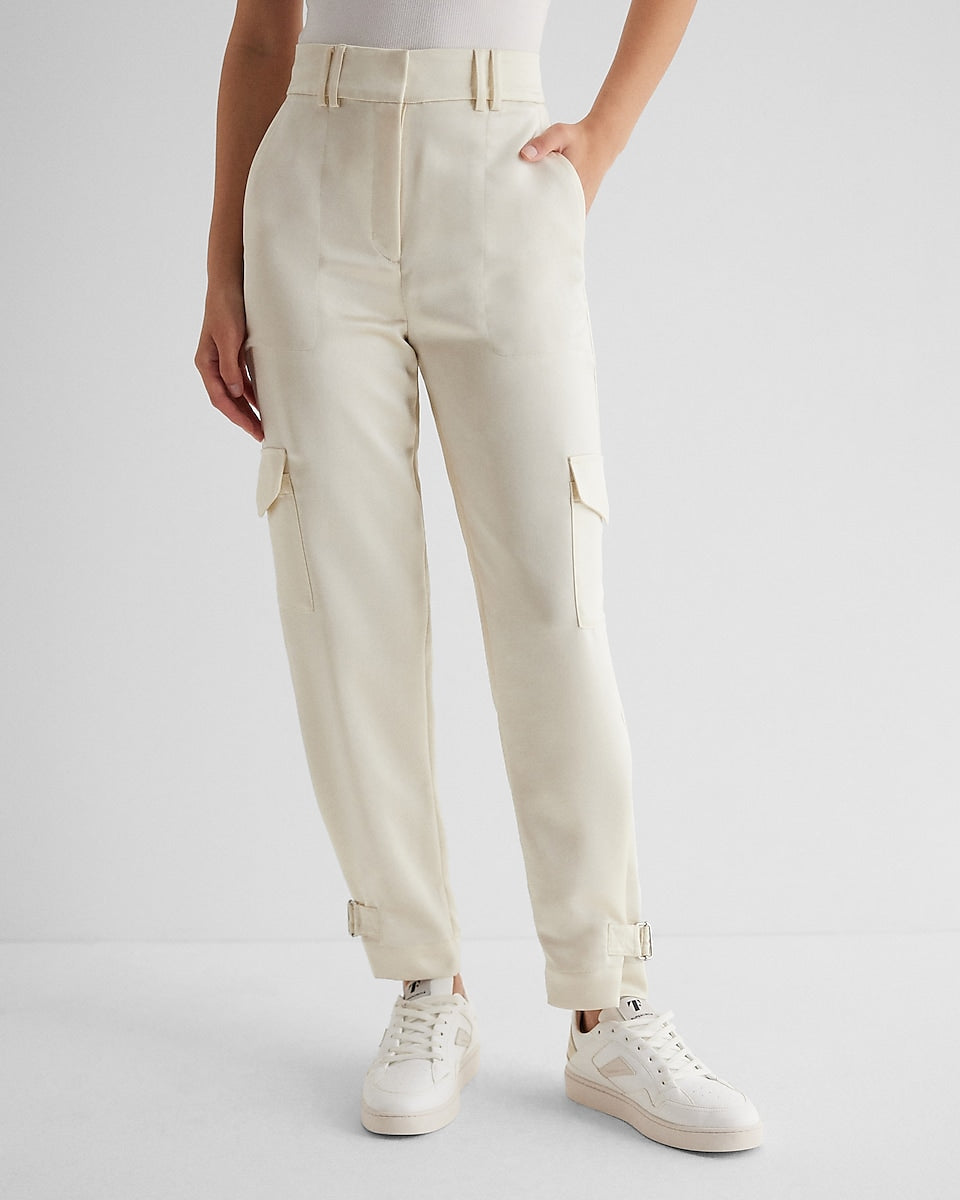 Express  Super High Waisted Satin Cargo Ankle Pant in Swan