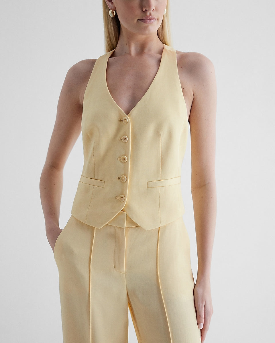 Express  Linen-Blend Button Front T-Back Vest in Pale Yellow