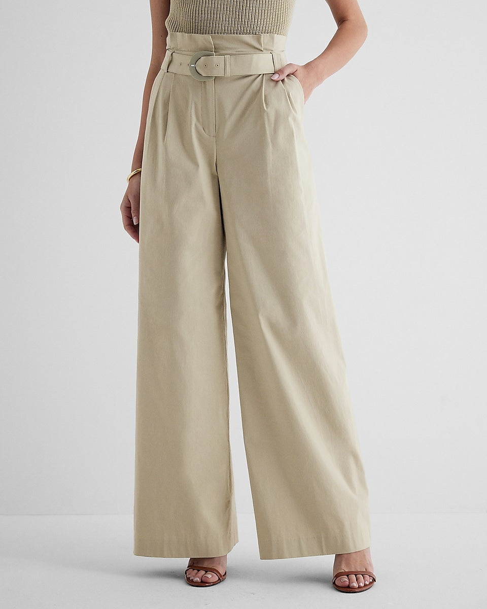 Express Womens Straight Leg Pants Beige High Rise Pockets Flat