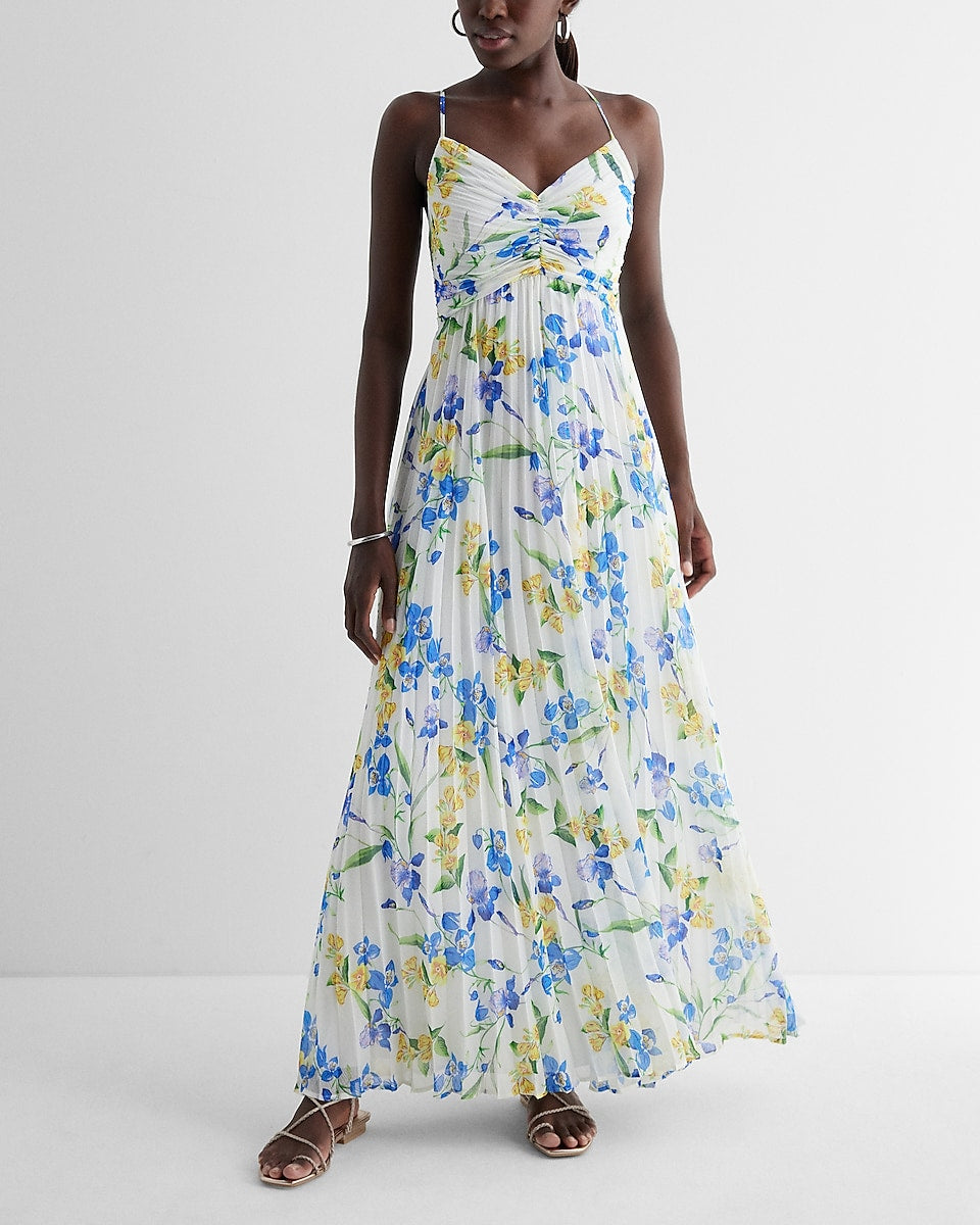 Express | Floral V-Neck Pleated Cross Back Maxi Dress in Blue Print ...