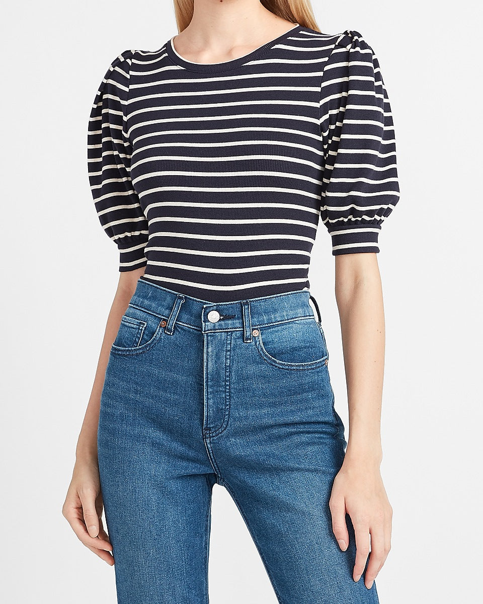 Express, Striped Puff Sleeve Ribbed Crew Neck Tee in Stripe