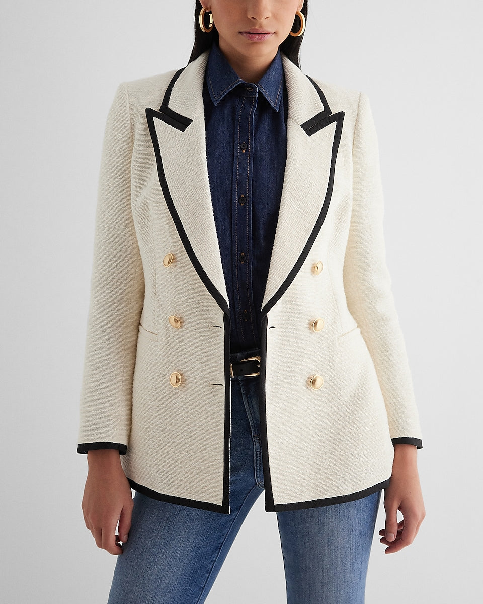 Express Boucle Double Breasted Tipped Novelty Button Blazer in Swan