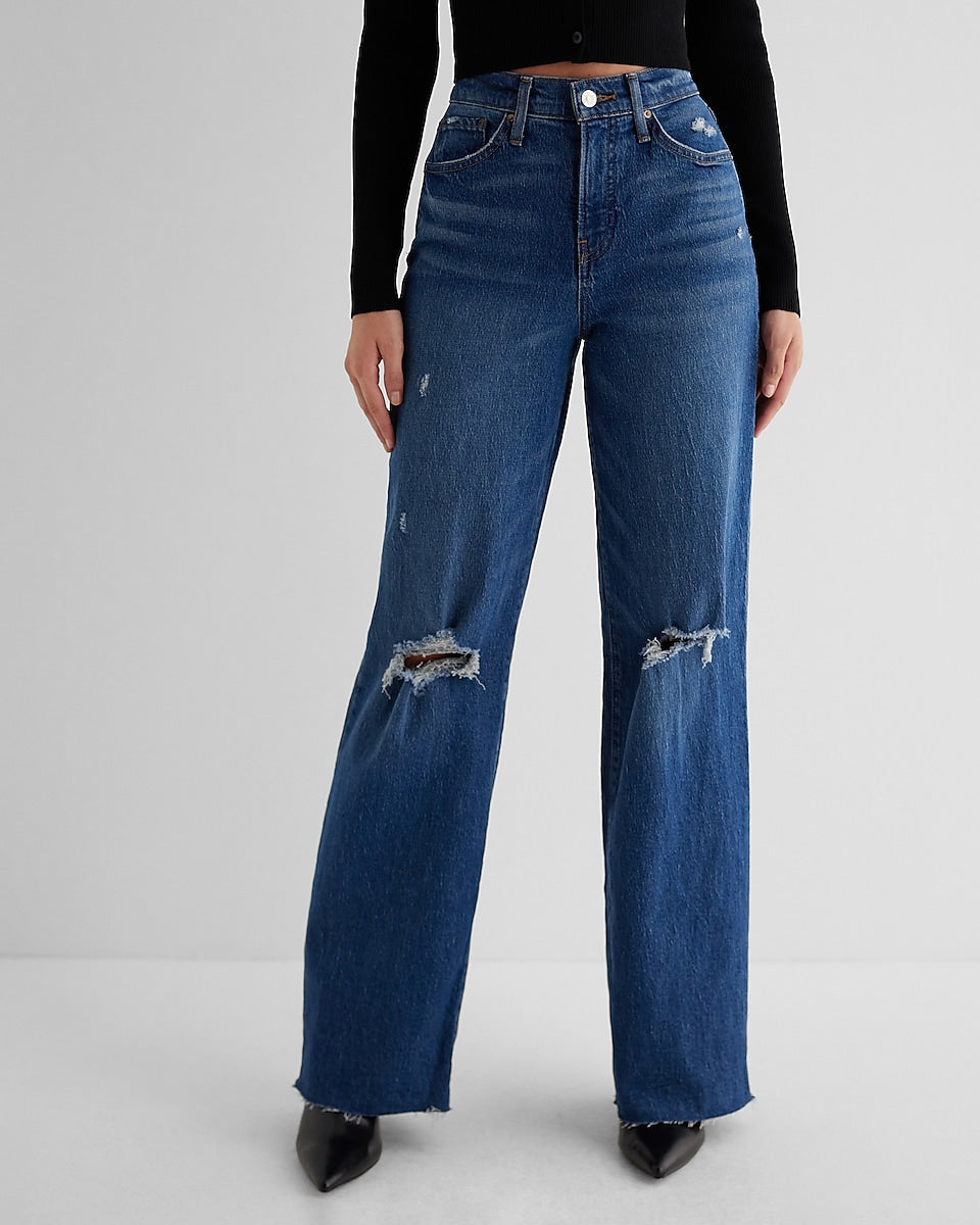 High Rise Raw Hem Wide Leg Jeans